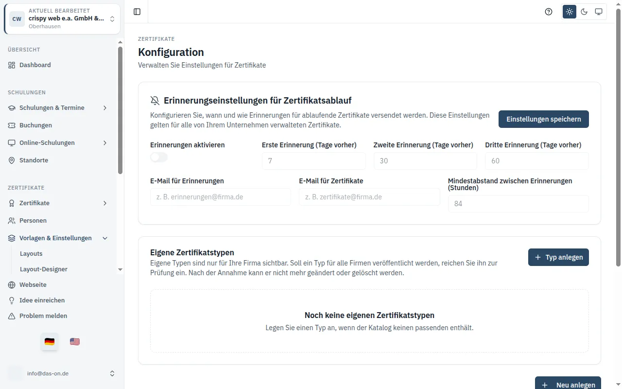Bildschirmfoto zur Anleitung: Zertifikatstyp einrichten